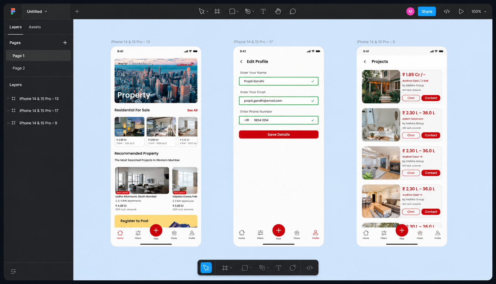 Figma workspace showing three mobile app screens for a real estate platform: a property listing home screen, an edit profile form, and a projects listing screen