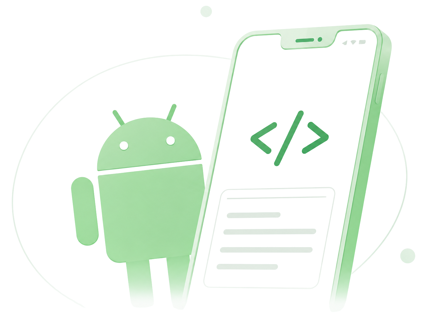 Android app development illustration showing an Android mascot beside a phone displaying code