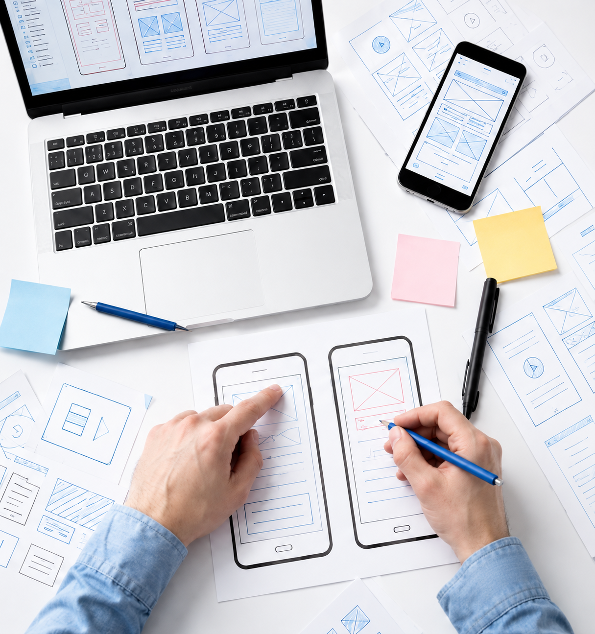 Designer sketching mobile wireframes next to a laptop with UI screens