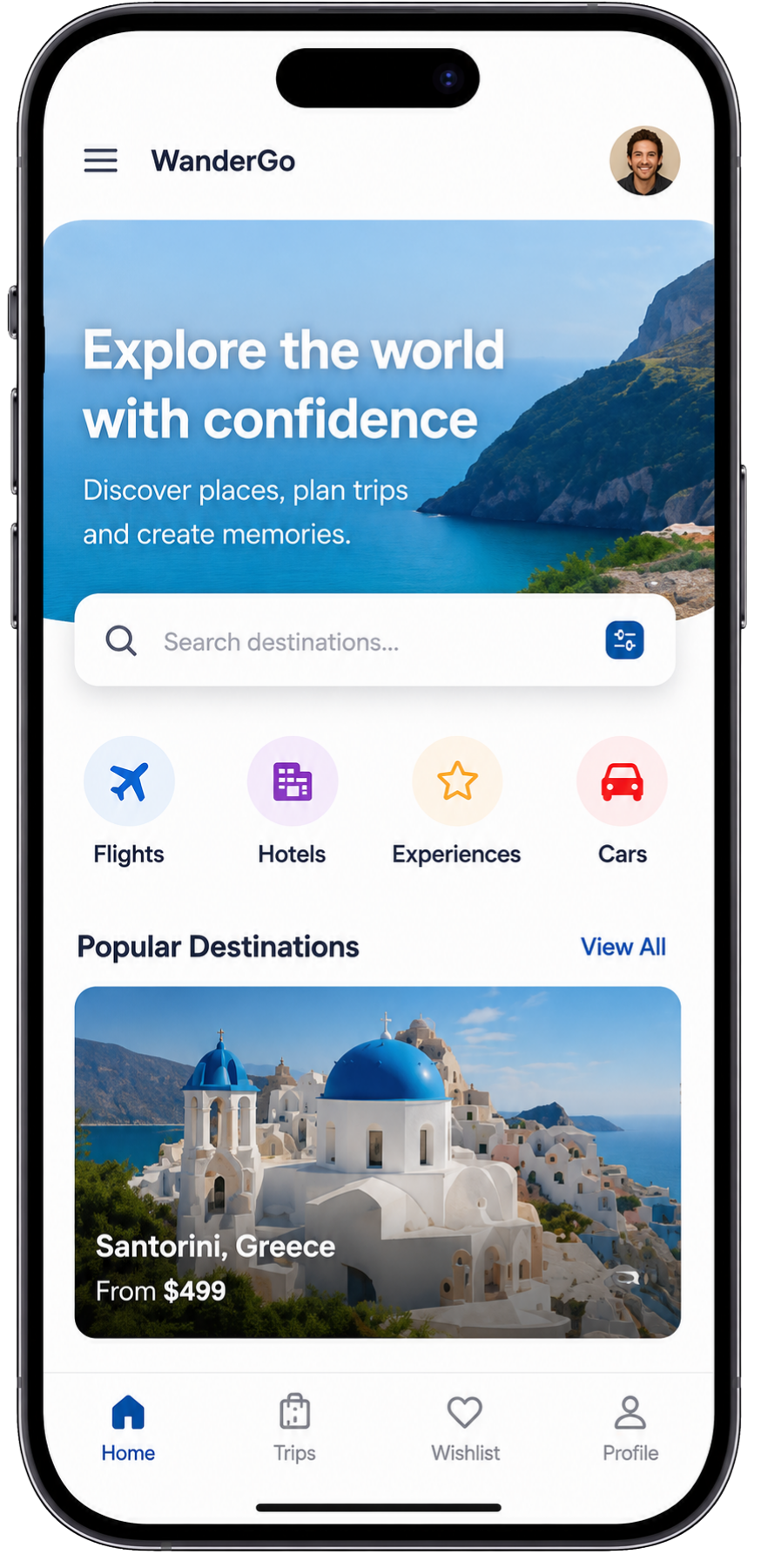 WanderGo travel app screen shown on a mobile phone