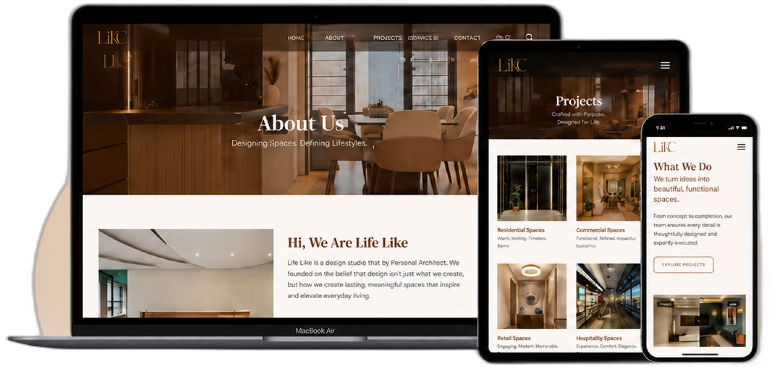 Website preview shown on a MacBook Air, tablet and phone