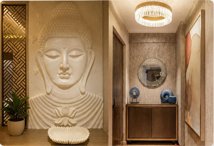 Elegant hallway interior with carved Buddha wall art, wooden console, mirror and pendant light