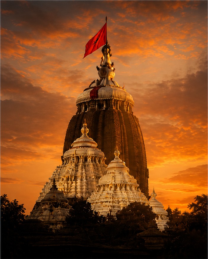 Jagannath Temple at sunset with flag