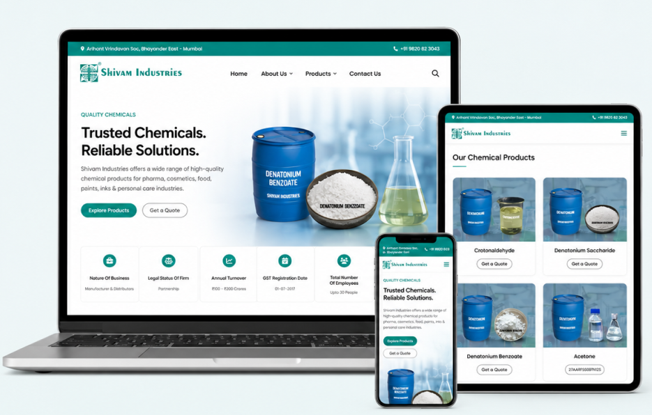 Shivam Industries website shown on laptop, tablet, and phone