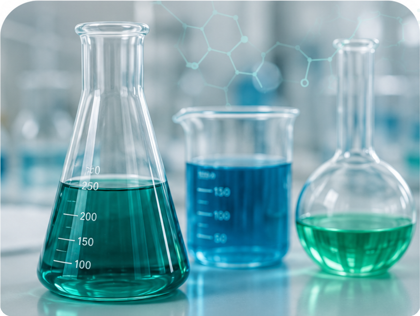 Laboratory glassware with colored chemical solutions representing Shivam Industries' chemical products