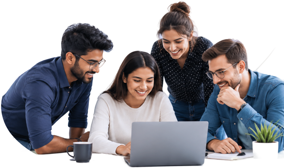Four smiling team members collaborating around a laptop
